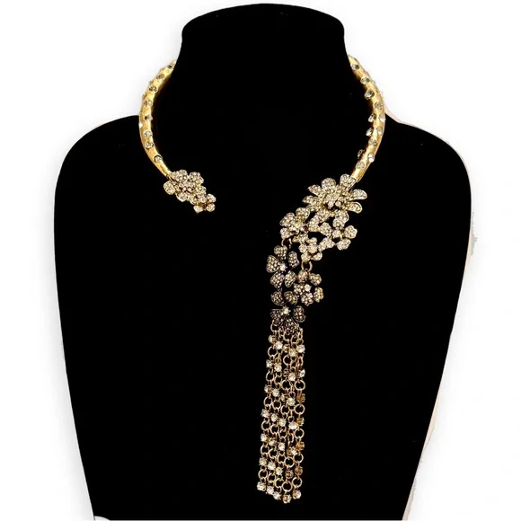 GOLDEN GLAM GODDESS | Designer Floral Crystal Waterfall Collar Necklace | NWT - Picture 1 of 8